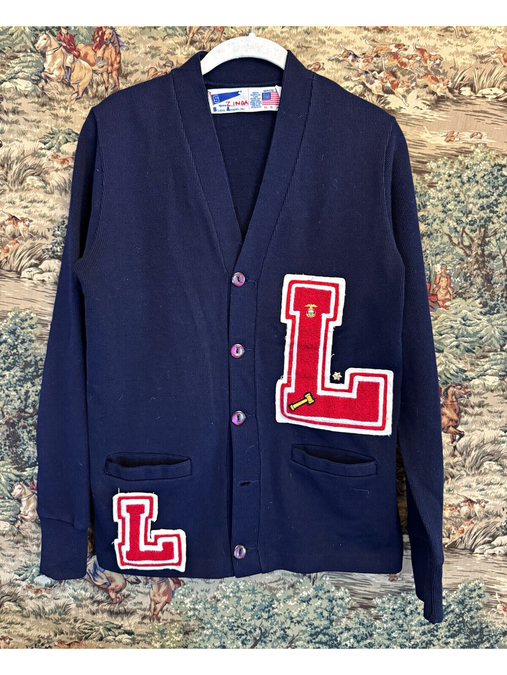 School Apparel Inc. Mens S Navy Knit V-Neck Button Cardigan USMC Patch USA
